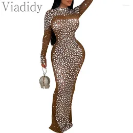 Casual Dresses Women Sexy See Through Sheer Mesh Rhinestone Decor Long Sleeve Maxi Party Dress