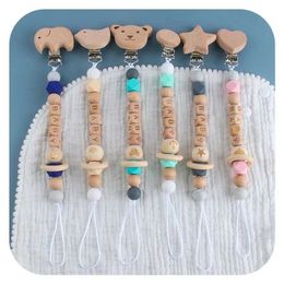 Pacifier Holders Clips# Personalized name baby pacifier clip mobile wooden ring cartoon bear heart dummy clip chain baby pacifier toy d240521