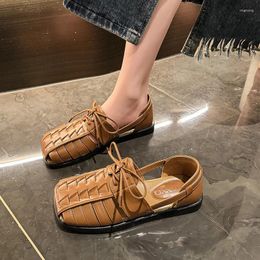 Casual Shoes Woven Hollow Roman Sandals Women's Soft Soles 2024 Retro Niche Square Toe Lace Up Wrapped