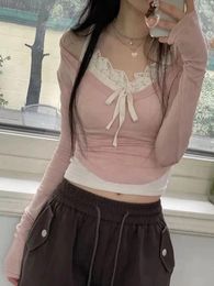 Women's T Shirts Women 2 Piece Set Knit Crop Long Sleeve Shirt And Lace Trim Halter Neck Tops For Club Streetwear Aesthetic Clothes