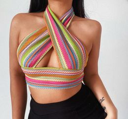 Rainbow Striped Cross Halter Knit Tank Top Women 2021 Summer Sexy Backless Crop Top Sleeveless Club Knitted Vest8520962