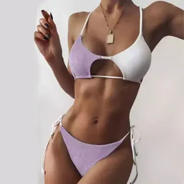Women's Swimwear Contrast Colour Stylish Lace-up Bikini Set With Push Up Bra Brazilian For Women Sexy Summer Beachwear