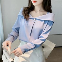 Women's Blouses Spring Autumn White All-match Chiffon Pullover Shirt 2024 Korean Fashion Button Women Blouse Long Sleeve Slim Slash Neck