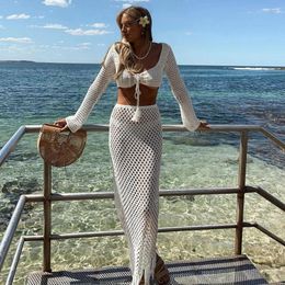 Womens Summer 2PCS Outfit Bikini Cover-ups Sets Long Sleeve Tie Up Crop Tops White Knit Hollow Tassels Skirt Suit