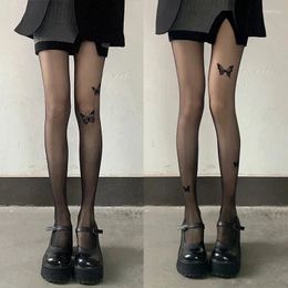 Women Socks Sexy Butterfly Print Tights Pantyhose Gothic Thigh High Hosiery Thin Nylon Body Stockings Slim See-Through Lingerie