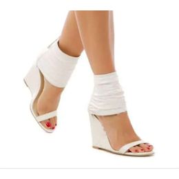 New Fashion Women White Leather Open Toe Ankle Wrap Super High Heel Wedge Sandal 640