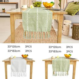 Table Cloth 2Pcs Macrame Runner Cotton Linen Embroidered With Tassel Decorative Farmhouse For Wedding And