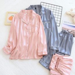 Women's Sleepwear Couple Pajamas Suit Ice Silk Two-piece Long-Sleeved Trousers Women Home Service Set Thin Striped Men