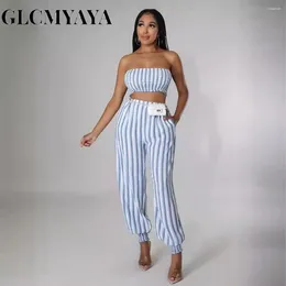 Women's Two Piece Pants GLCMYAYA Set Striped Print Backless Strapless Crop Top Loose Suit 2024 Summer 2 Outfit Tracksuit