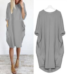 Women Oversized Dresses Long Sleeve Solid Tunic Dress Plus Size Pullover Shirt Dress Baggy Pockets Midi S5XL6710452