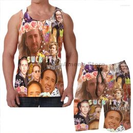 Men's Tracksuits Summer Funny Print Men Tank Tops Women Nic Cage Collage Beach Shorts Sets Fitness Vest