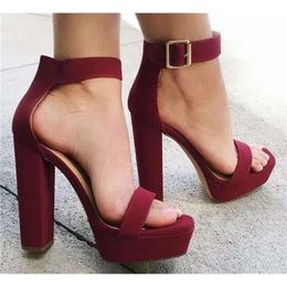 New Design Women Open Toe Suede Leather One Chunky Ankle Straps Thick Platform Hi ca2