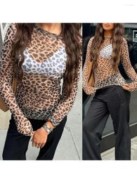 Women's T Shirts Women Leopard Print Mesh Sheer Tops Casual Long Sleeve Round Neck Lace Slim Fit See Through T-Shirts Y2k Pullover Blouse