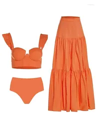 Sling Ruffle Beachwear For Girl 2024 Swimwear Summer Female Solid Colour Bikini And Beach Skirt Bodysuit Vacation Sexy