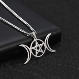 Stainless Steel Goddess Necklace For Women Men Pentagram Moon Wicca Jewellery Magic Pendant Pentacle Witch Amulet Bijoux