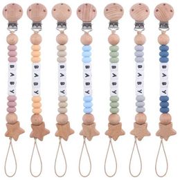 Pacifier Holders Clips# New baby Personalised name pacifier clip Star Wooden silicone dummy Nipple stand teeth toy d240521