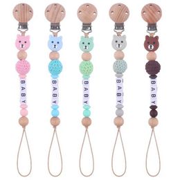 Pacifier Holders Clips# Wooden pacifier clip silicone bear tooth chain baby teeth environmentally friendly dummy clip Personalised name d240521