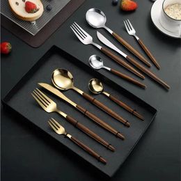 Dinnerware Sets 4/5PCS Knife Fork Spoon Set Steak Western Shiny Simple Stainless Steel Bamboo Handle Home Tableware