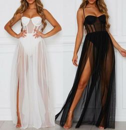 Summer 2PCS Dress Womens Sexy Perspective Mesh Gauze Sleeveless Backless Party Dress Black White Long Maxi Drs Sundress9415128