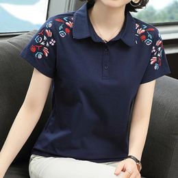 Womens T-shirt Summer Short Sleeve Turn-down Large Polo Button Floral Embroidery Casual Tees Female Clothing Tops 240521
