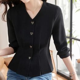 Women's Blouses Shirts Women Solid V-neck Long Sleeve Defined Waist Korean Fashion Elegant Commuting Office Ladies Temperament Trendy Spring