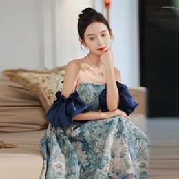 Party Dresses Blue Printed Evening Dress Women Strapless Patchwork Sleeve Prom Gown French Female Elegant Modern A-Line Cocktail