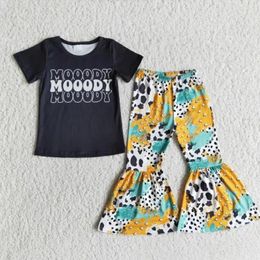 Clothing Sets RTS Baby Girls Short Sleeve Black Tee Shirt Moody Bell Bottom Pants Wholesale Western Summer Outfits 2pcs