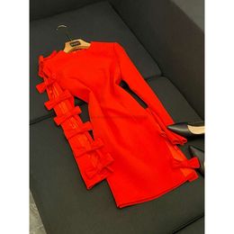 Spring Black / Red Solid Colour Bow Hollow Out Panelled Dress Long Sleeve Round Neck Short Casual Dresses O4J152695 Plus Size XXL