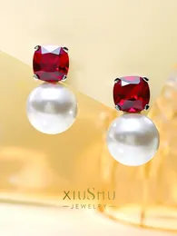 Stud Earrings Temperament Pearl 925 Sterling Silver Red Treasure Inlaid With Fritillaria Atmosphere