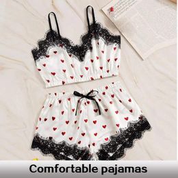 Home Clothing Two Piece Women's Sexy White Printed Heart V-Neck Suspender Top And Lace Embellished Shorts Pajama Set