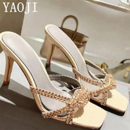 Slippers Shiny Hollow Outs Women Slides Knotted Diamond Narrow Band Thin High Heels Pumps Party Shoes Sexy Bride Wedding Woman Shoe