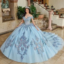 Sky Blue Ball Gown Quinceanera Dresses 2024 Off Shoulder Beaded Appliques Lace Sequins Sweet 16 Dress Vestidos De 15 anos