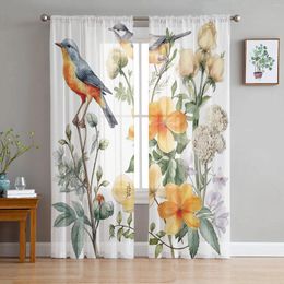 Curtain Flowers Birds Leaves Watercolors Sheer Curtains For Living Room Decoration Window Kitchen Tulle Voile Organza