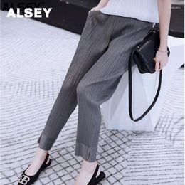 Women's Pants ALSEY Miyake Pleated Fashion Cropped Spring Summer Solid Colour Plus Size Slim Small Leg Casual Banded Split