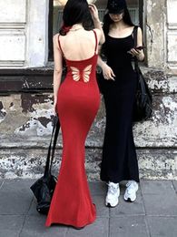 Casual Dresses Sexy Bodycon Spaghetti Strap Long For Women Summer Solid Hollow Out Y2K Backless Prom Robe Party Dress