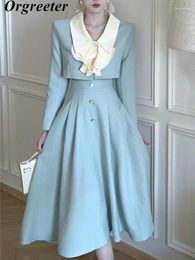 Work Dresses Retro Hepburn Style Suit Long Skirt Two Piece Set Women Elegant V-neck Ruffles Jacket Sets Korean OL 2pcs Outfits
