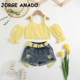 Clothing Sets Summer Baby Girl Fashion 2pcs Set Shoulder Exposed Sling Puff Sleeve Top Patchwork Denim Shorts Children Clothes Ea190