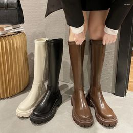 Boots Women Knee High Soft Leather Platform Winter Motorcycle Shoes Woman Heels Zipper Long Ins Chunky