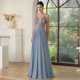 Sexy Backless Evening Dresses Dark Blue Chiffon Appliques A Line Sheer V Neck Long Party Prom Gowns Cps3038