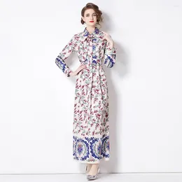Casual Dresses Autumn Fashion Long Sleeve Maxi Dress For Women Floral Print Shirt Collar Single Breasted Sashes Holiday Robes