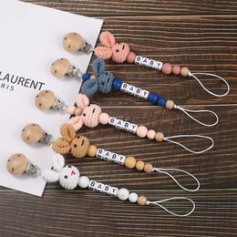 Pacifier Holders Clips# Personalized name baby pacifier bracket chain wooden crochet rabbit teeth soft chain handmade wooden baby dummy clip d240521