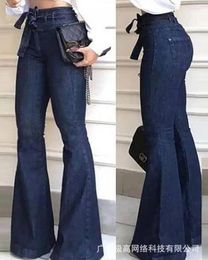 Women's Jeans Women Spring Summer High Waist Flared Leg Solid Color Fashion Full Length Denim Pants Trousers Sashes