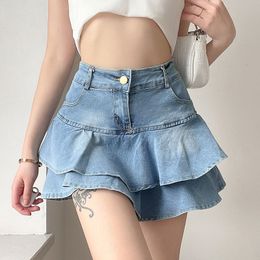 Saias de jeans retrô de cintura alta 2024 Primavera e verão New Chegou Ruffles cor sólida estilo americano High Street Fashion Versátil Skirts Feminino