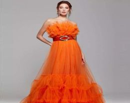 Gorgeous Orange Tulle Long Dress Women Evening Formal Dresses Strapless Ruffled Vestidos De Fiesta Prom Gown Party Casual8569488