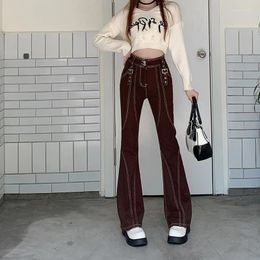 Women's Jeans 2024 Retro High Waisted Flare Women Korean Autumn Y2K Street Brown Pants Female Buckle Cool Casual S-XL