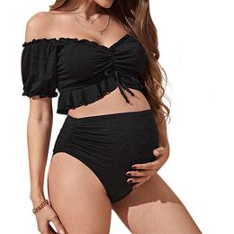 Cute Tie Front Bathing Suit Black Two Piece Beach Swimsuit Summer Maternity Gauntlets