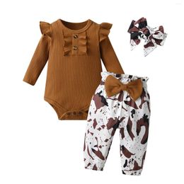 Clothing Sets 3pcs Born Baby Girl Clothes Set Round Neck Long Sleeve Romper Top And Fashion Printed Pants With Headband Infant Suit