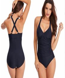 One Piece Swimsuit Women Tummy Control Swimwear Plus Size Bathing Suit Ruched Monokini Vintage Solid Summer Beachwear2962877