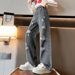 Teen Ripped Hole Wide Leg Jeans Fashion Loose Straight Trousers Denim Pants for Kids Girl 5 6 7 8 9 10 11 12 13 14Years Old