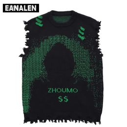 Harajuku black green tattered fringed sweater vest womens y2k Vintage oversized knitted ugly sleeveless sweater mens aesthetic 240516